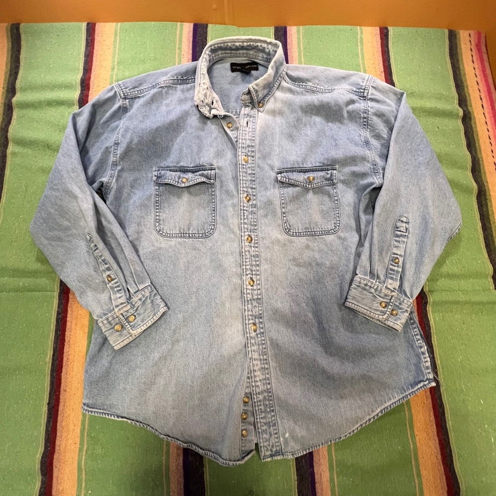 Croft & Barrow Denim Shirt Mens L Light Wash Distressed Long Sleeve Button Down